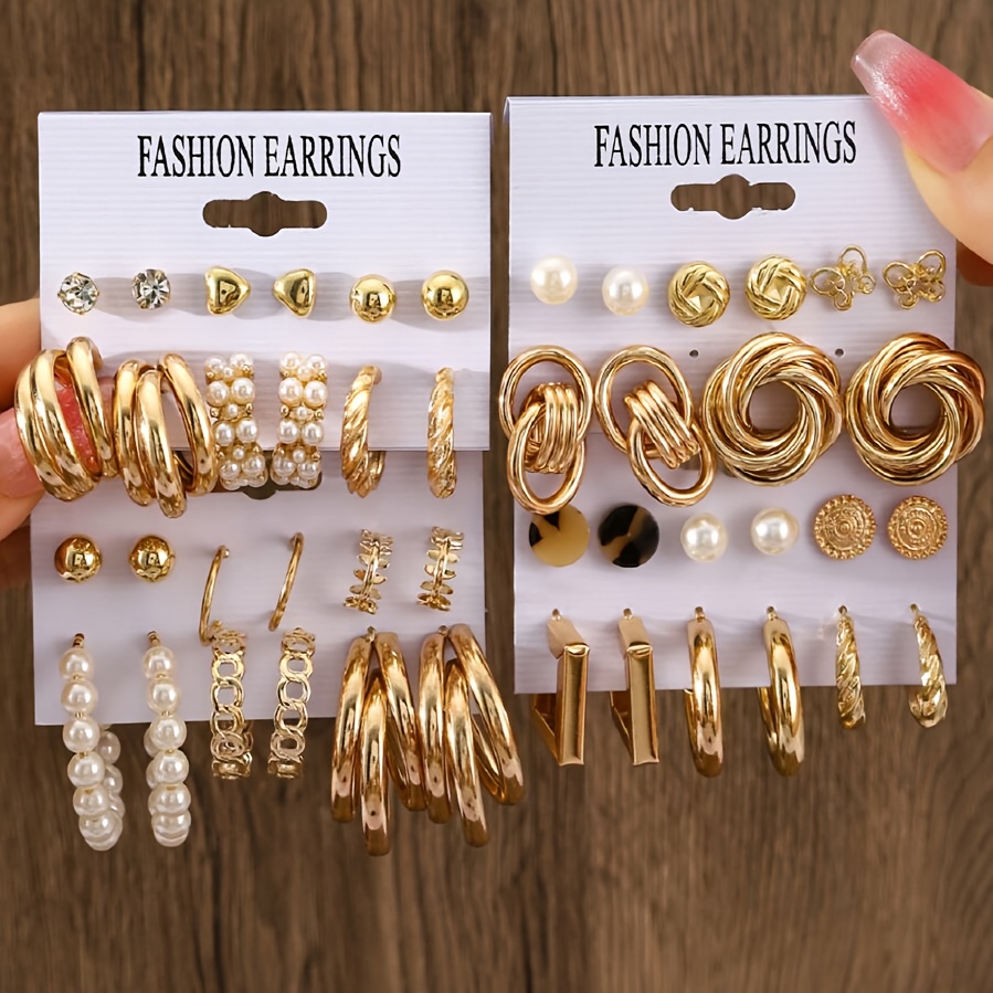 Geometric C Earrings & Round Studs Set for Everyday & Holiday